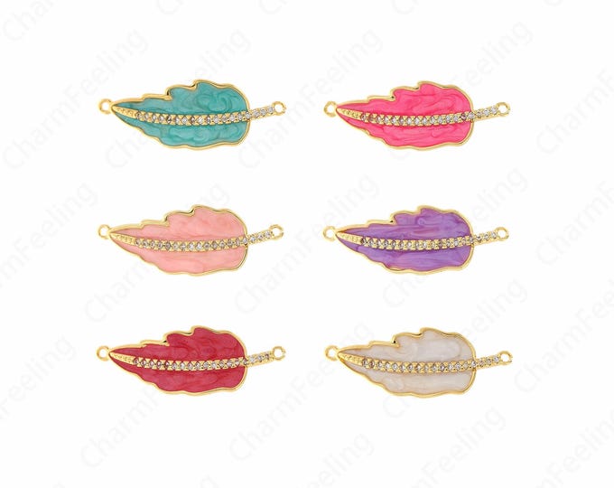 MicroPave CZ Feather Leaf Charms,Enamel Leaf Pendant,Nature Tree Charm DIY Jewelry Supplies,32.5x12x2mm
