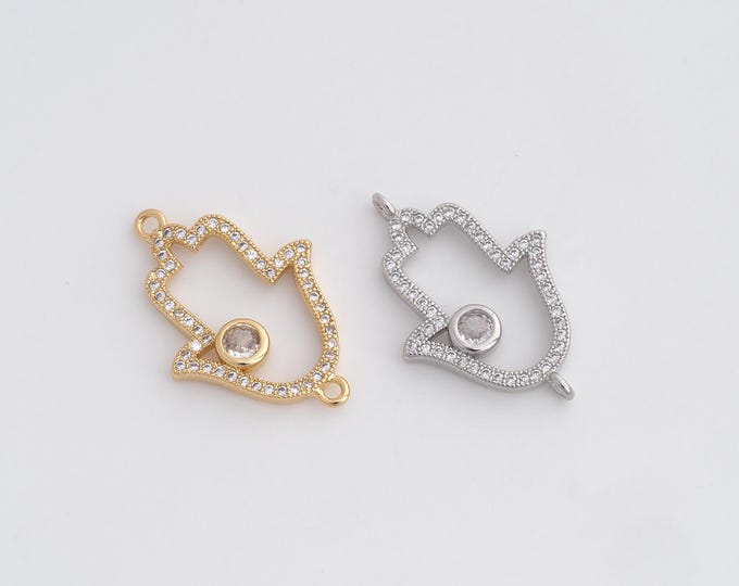 Hand Of Hamsa, Hamsa Connector, CZ Hand Connector, Hand Of Fatima Charm, DIY Jewelry Making Accessories 25x17x2.5mm