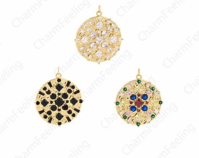 18K Gold Filled Round Pendant, Flower Necklace, Coin Necklace, Micropavé CZ Flower Charm, Disc Charm, DIY Jewelry Supplies, 38x32x3.5mm
