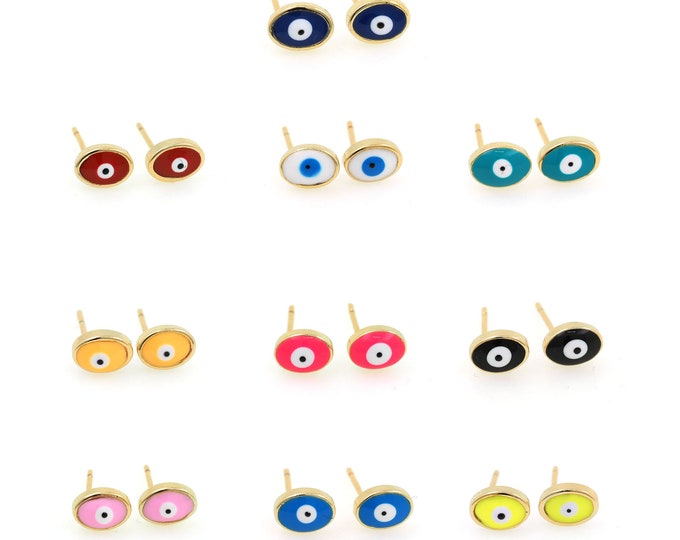 1 Pair,Enamel Earrings,  18K Gold Filled Greek Eye Stud Earrings, Round Earrings, Enamel Charm, Earring Accessories, 7.5x5.5mm