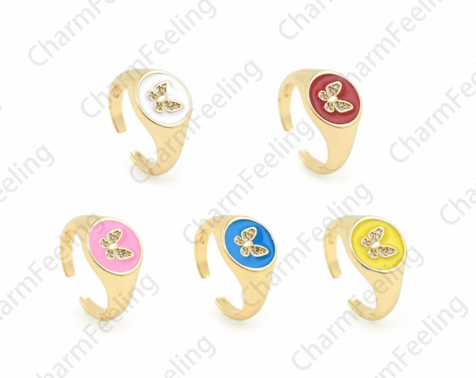 18K Gold Filled Butterfly Signet Ring, Enamel Ring, Micropavé CZ Adjustable Ring, Open Ring, Butterfly Charm, Enamel Charm, Insect Ring