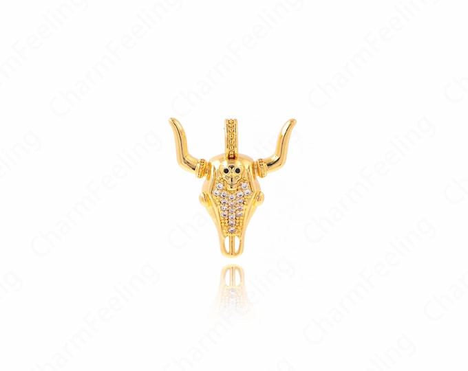 18K Gold Filled Cow Charm, Bull Head Pendant, Micropavé CZ Animal Necklace, Wild Animal Charm, DIY Jewelry Supplies, 25.5x22.5x6.5mm
