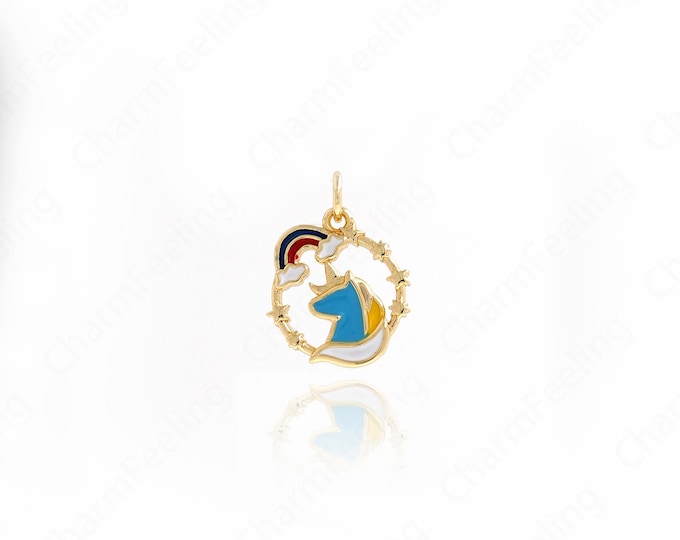 Enamel Charm,Micropavé CZ Unicorn Pendant, Horse Necklace,Animal Charm, 18K Gold Filled Unicorn Charm, DIY Jewelry Supplies,18.5x14x2mm