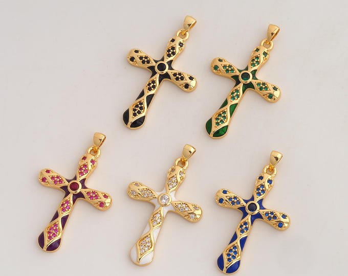 CZ Cross Pendant,Enamel Religious Pendant,18K Gold Filled Christian Charm,DIY Jewelry Accessories,42x24.8x3.6mm