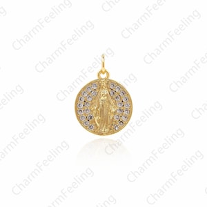 Oval Virgin Mary Medal Coin Necklace, CZ Virgin Mary Charm,  Virgin Mary Charm 20.2x14.4x2.2mm 1pcs