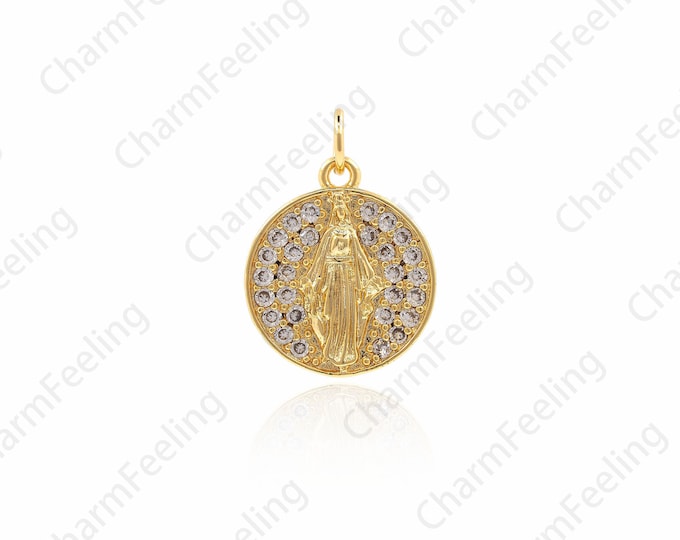 Oval Virgin Mary Medal Coin Necklace, CZ Virgin Mary Charm,  Virgin Mary Charm 20.2x14.4x2.2mm 1pcs