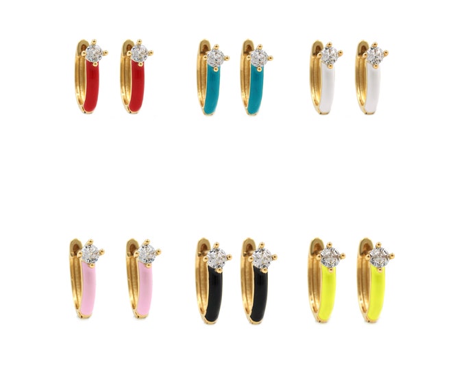 Pierced Earrings,Multicolor Hoop Earrings,18K Gold Filled Round Earrings,Enamel Earrings,Micropavé CZ Enamel Earrings,17x16x5.5mm