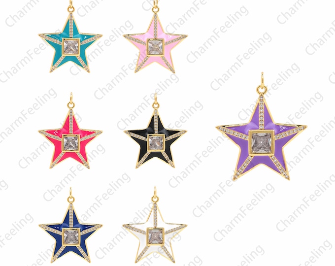 18K Gold Filled Five-Pointed Star Necklace,Enamel Star Charm, Micropavé CZ Star Pendant,Polaris Charm,DIY Jewelry Accessories, 31.5x27x4.5mm