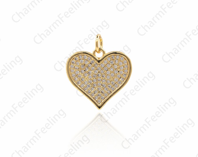 Gold Heart Pendant, Micro-Pave Heart Necklace, CZ Heart Pendant, Heart Jewelry, DIY Jewelry Making Accessories 20.5x18x1.9mm 1pcs