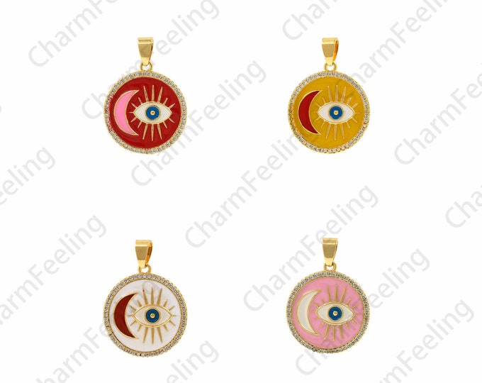 18K Gold Filled Enamel Round Pendant,Eye Charm, Micropavé CZ Round Coin Pendant, Moon Pendant, DIY Jewelry Accessories, 21.5x30.5x1.5mm