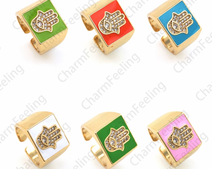 18K Gold Filled Enamel Signet Ring, Micropavé CZ Hamsa Ring,Eye Ring, Hamsa Charm, Golden Open Ring, Adjustable Ring, Hamsa Ring