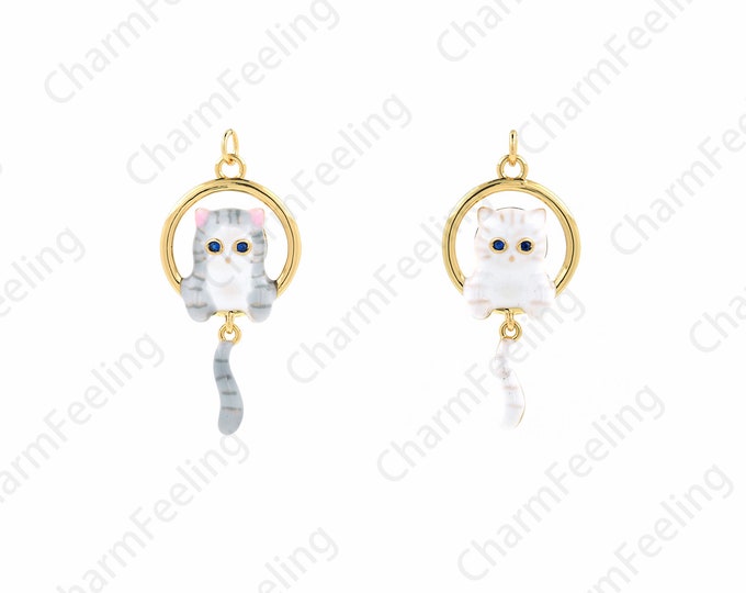 Enamel Cat Pendant, 18K Gold Filled Cat Necklace, Cat Pendant, Animal Pendant,Micropavé CZ Cat Charm, DIY Jewelry Accessories 32x15x4mm