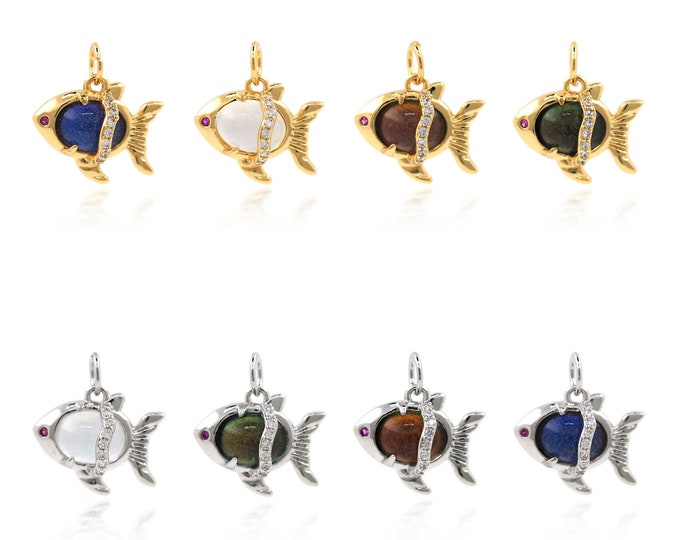 Fish Pendant, Micropavé CZ Fish Necklace, 18K Gold Filled Nautical Charm, Fish Charm, DIY Jewelry Supplies, 16x14.5x5.5mm