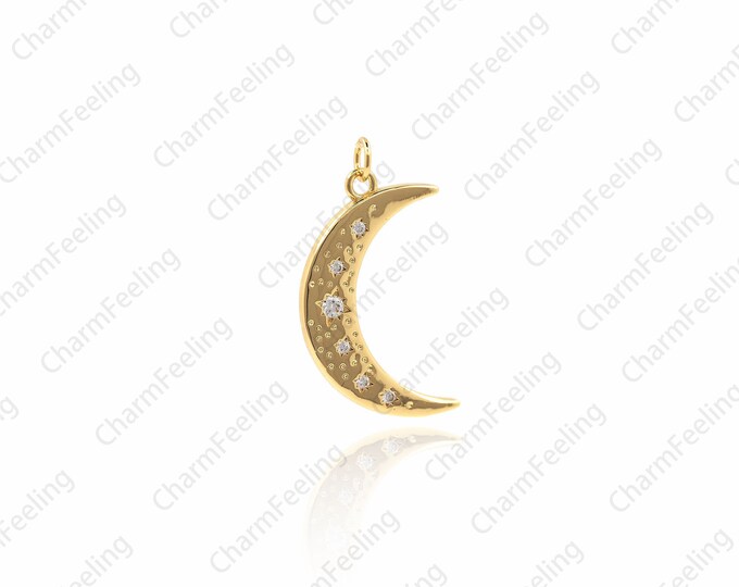 CZ gold half moon pendant, moon pendant, moon necklace, full moon ornament, crescent necklace 26.5 14 1.5mm 1pcs