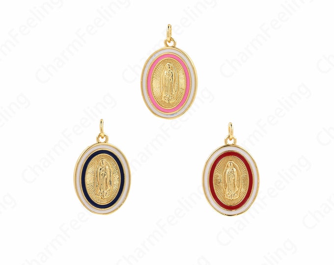 Religious Jewelry,Enamel Mary Pendant，Virgin Mary Necklace,18K Gold Filled Miraculous Medal Necklace ,Catholic Jewelry 25.5x16x2mm