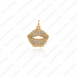CZ Gold lips charms，Micro Pave kiss pendant，Pave Clear Gold Lip Necklace 14 ×11.5 ×2.4mm  1pcs