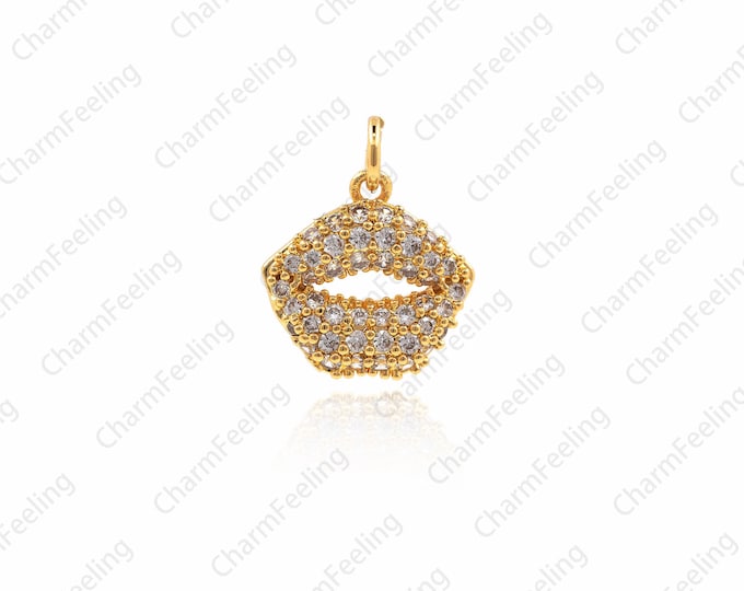 CZ Gold lips charms，Micro Pave kiss pendant，Pave Clear Gold Lip Necklace 14 ×11.5 ×2.4mm  1pcs