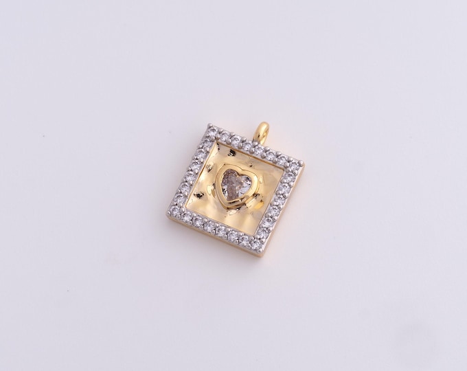 Square Pendant, Heart Charm, Micropavé CZ Love Necklace, 18K Gold Filled Heart Pendant, DIY Jewelry Supplies, 15.8x12.8x3.2mm