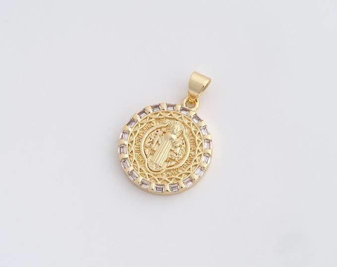 Micropavé CZ Christian Charm, Jesus Pendant, 18K Gold Filled Round Charm, Religious Charm, DIY Jewelry Supplies,25x17.8x2.7mm