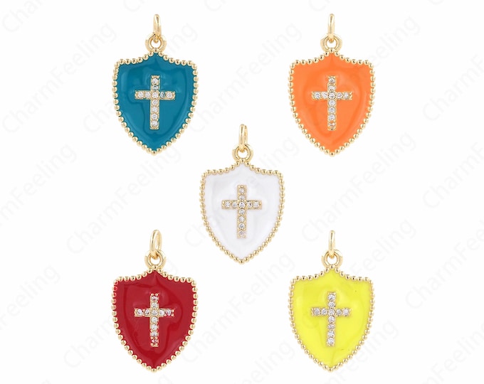 Religious Jewelry, 18K Gold Filled Cross Shield Pendant, Religious Pendant, Enamel Shield Necklace, Enamel Charm, 23.5x15x2mm