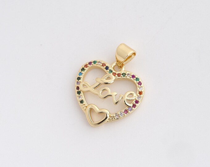 18K Gold Filled Heart Pendant,LOVE Pendant,Letter Pendant,Micropavé CZ Love Charm, DIY Jewelry Accessories 21.7x17.3x2.6mm