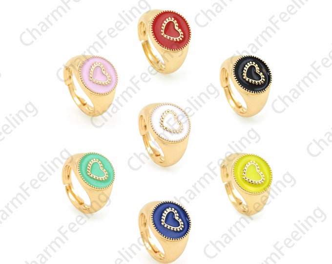 Heart Signet ring Ring,Enamel Engagement Ring, 18K Gold Filled Love Ring, Enamel Ring Jewelry, Gold Open Ring, Adjustable Ring, Gift For Her
