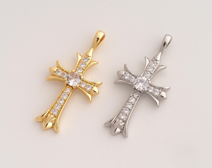 CZ Cross Pendant,Religious Pendant,18K Gold Filled Christian Charm,DIY Jewelry Accessories,35.4x17.5x3.8mm