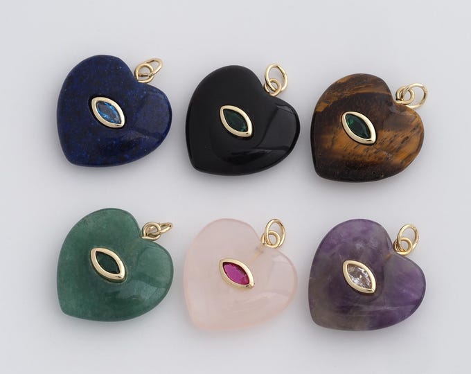 Natural Stone Heart Charm,Puffed Heart Pendant, 18K Gold Filled Love Necklace,DIY Jewelry Accessories,24.8x20x6.5mm