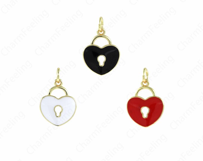 Heart Shaped Pendant,Enamel  Lock Pendant, Heart Lock Charm, 18K Gold Filled Lock Necklace, Lock Charm, Heart Shaped Charm,18.5x12x2.5mm
