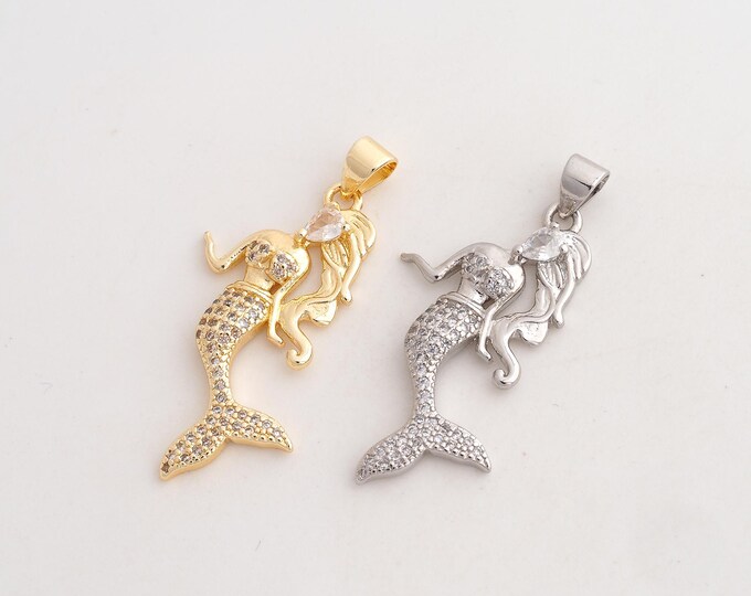 CZ Mermaid Pendant,Mermaid Pendant,18K Gold Filled Mermaid Charm,DIY Jewelry Accessories,37x18.4x3mm