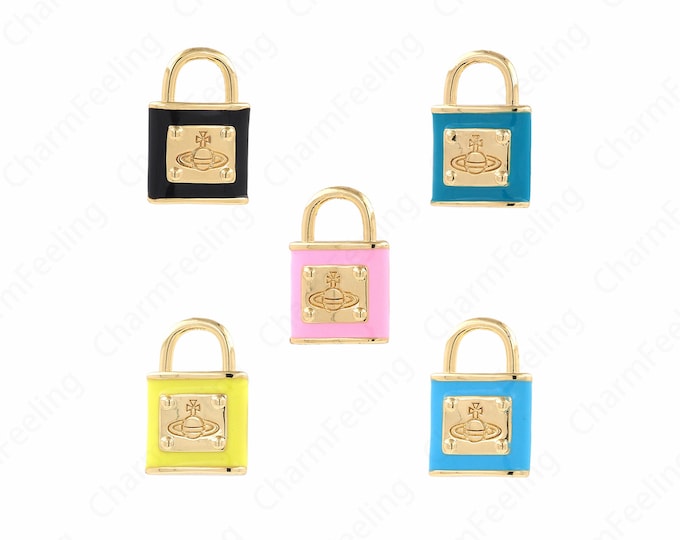 Lock Charm, Enamel Pendant, 18K Gold Filled Saturn Charm, Micropavé CZ Lock Pendant, DIY Jewelry Supplies, 21x13.5x4mm