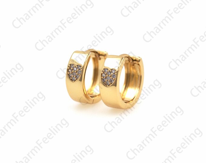 18K Gold Filled Heart Earrings,Brass Gold Plated Earrings,Heart Earrings,Micropavé Cubic Zirconia Earrings, 13x14x4.5 mm 1 Pair