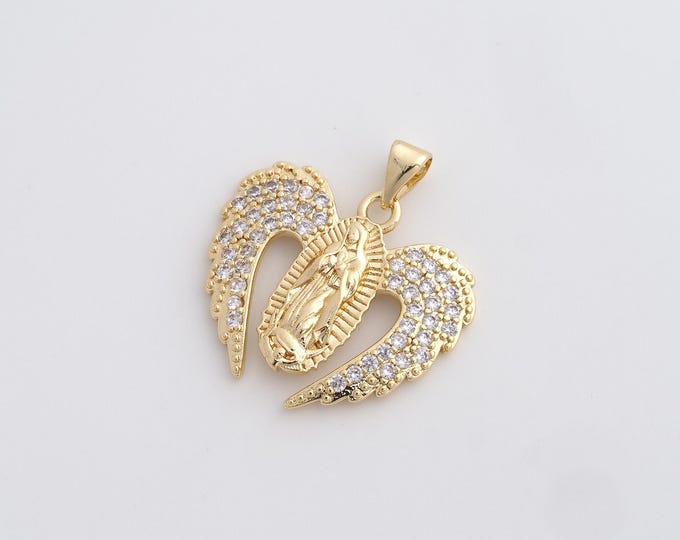 Micropavé CZ Virgin Necklace, Wings Pendant, 18K Gold Filled Flying Charm, Wings Necklace, DIY Jewelry Supplies, 26.7x24.6x3.5mm