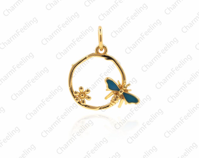 18K round bee necklace, flower pendant, bee pendant, DIY bracelet necklace jewelry 16.5x15x3mm 1pcs