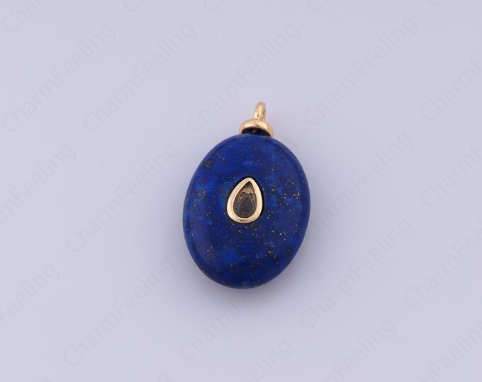 Blue Crystal Natural Stone Charm,18K Gold Filled Waterdrop Charm,Micropavé CZ Oval Pendant,DIY Jewelry Accessories,24.8x15x6.5mm