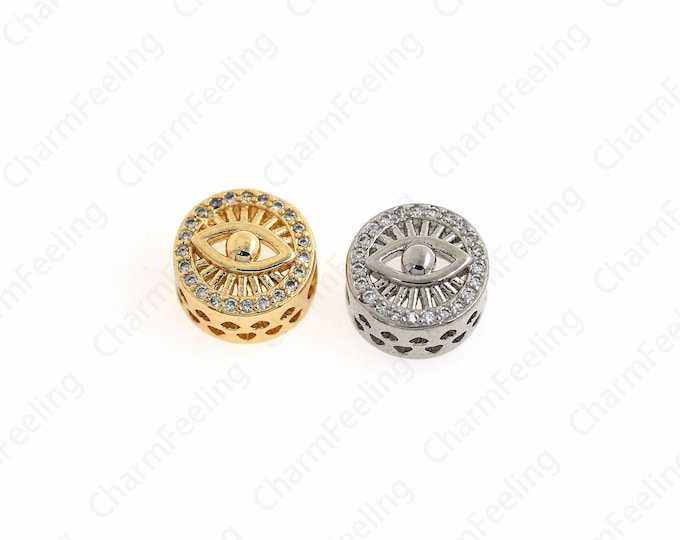 Round Eye Beads,Flat Beads, 18K Gold Filled Eye Beads,Micro-pave CZ Evil Eye Beads, DIY Bracelet Necklace Accessories 10x6mm
