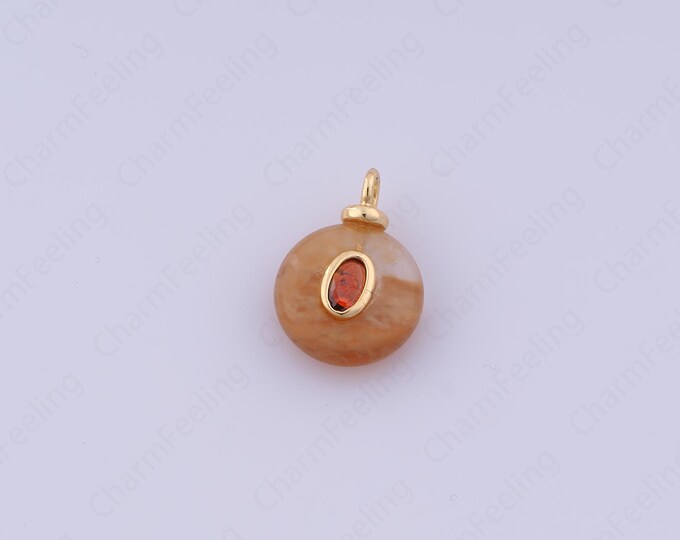 Yellow Jade Charm,18K Gold Filled Natural Stone Charm,Round Pendant, Micropavé CZ Round Pendant, DIY Jewelry Accessories,17.3x12.5x5mm