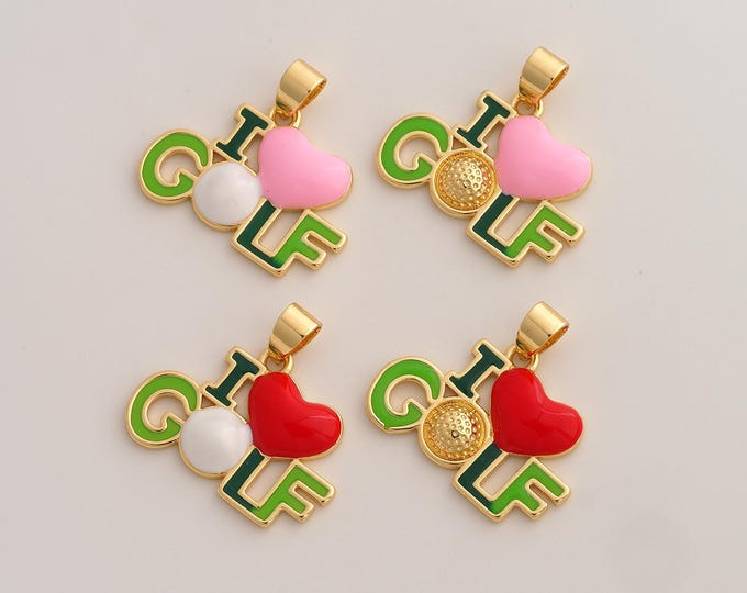 Enamel I Love Golf Pendant,Golf Pendant,18K Gold Filled Letter Charm,DIY Jewelry Accessories,23.4x24.7x3.6mm