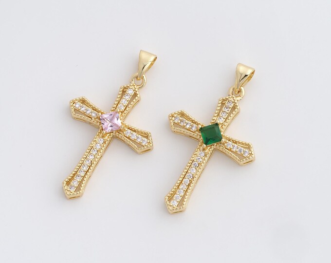 18K Gold Filled Cross Pendant,Religious Charm,Cross Charm,Christian Charm,Micropavé CZ Cross Necklace,DIY Jewelry Accessories,37x20.7x5mm