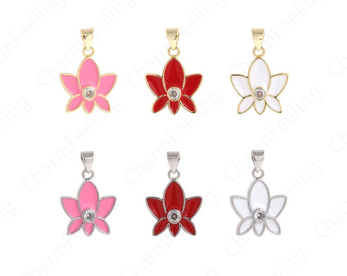 MicroPave CZ Lotus Pendant,18K Gold Filled Lotus Charm,Enamel Lotus Jewelry, DIY Jewelry Making Supplies 23.6x16x2.7mm
