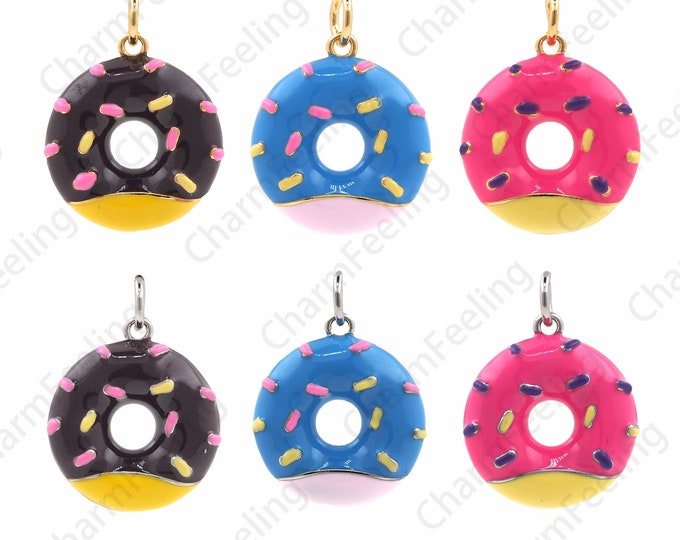 Enamel Donut Pendant, 18K Gold Filled Dessert Pendant, Enamel Pendant, Donut Necklace, DIY Jewelry Accessories 21.5x16x3.5mm