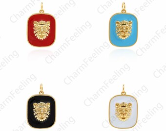 18K Gold Filled Enamel Lion Pendant, Rectangular Lion Head Necklace, Wild Animal Charm, Lion Charm, Enamel Charm, 24x16x4.5mm