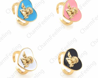 Anillo de ángel esmaltado relleno de oro de 18 quilates, anillo de Cupido esmaltado, anillo de sello, dije de ángel, anillo de apertura de color, anillo ajustable, anillo de esmalte,