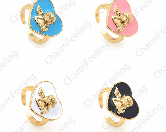 18K Gold Filled Enamel Angel Ring, Enamel Cupid Ring, Signet Ring, Angel Charm, Color Opening Ring, Adjustable Ring, Enamel Ring,