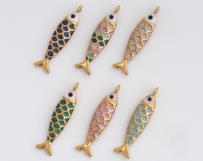 Enamel Fish Charms,Dainty Fish Charm, 18K Gold Filled Koi Fish Pendant,DIY Jewelry Accessories 25.6x6x3mm