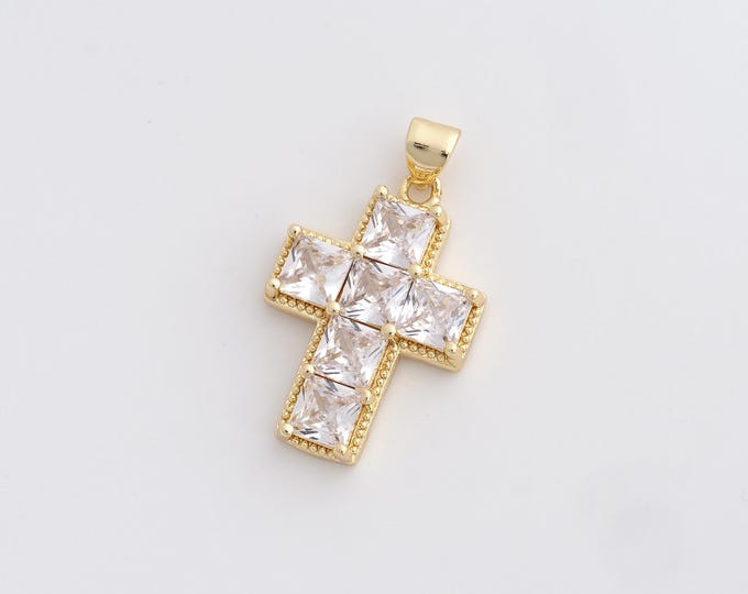 18K Gold Filled Cross Pendant,Religious Charm,Cross Charm,Christian Charm,Micropavé CZ Cross Necklace,DIY Jewelry Accessories,29.6x17.5x4mm