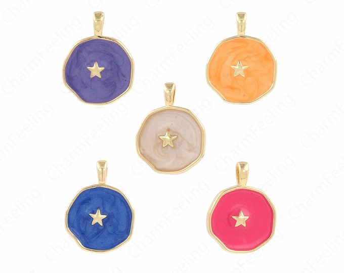 Round Star Pendant, Round Enamel Charm,Enamel Star Pendant, Star Charm, Star Necklace, DIY Jewelry Making Accessories 19x14x3mm