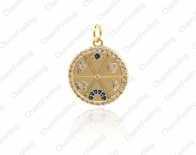 CZ Micro Pave Enamel Moon Star Heart Eye Rainbow pendant,Round Coin Pendant 22.5×17×2mm  1pcs