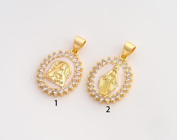 CZ Virgin Mary Pendant,Enamel Religious Pendant,18K Gold Filled Catholic Charm,DIY Jewelry Accessories,24.2x15x2.8mm