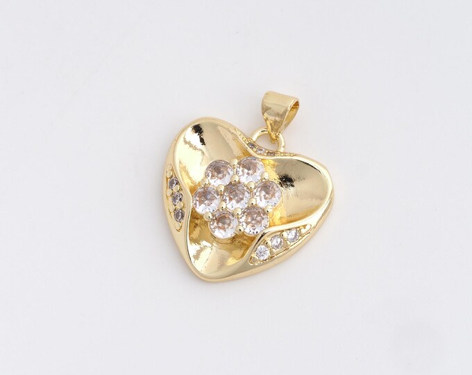 Heart Charm, Micropavé CZ Heart Pendant, 18K Gold Filled Love Necklace,DIY Jewelry Accessories,25.6x21.6x4.5mm